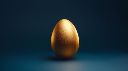 one golden egg isolated on dark blue background - easter concept background with copyspace