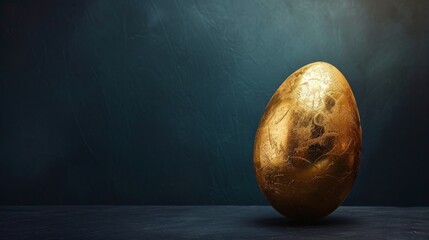 one golden egg isolated on dark blue background - easter concept background with copyspace - obrazy, fototapety, plakaty