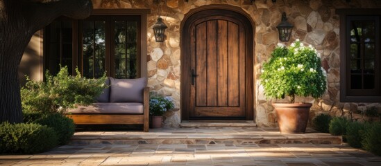 door with small square decorative windows and flower pots