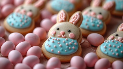 Fototapeta na wymiar Adorning a festive table setting, delightful Easter cookies take the form of bunnies, decorated with pastel icing and coordinating candy pearls, adding whimsy and sweetness to the occasion.