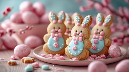 Set on a festive table, delightful Easter cookies shaped like bunnies feature pastel icing and coordinating candy pearls, creating a whimsical and inviting atmosphere for the holiday gathering.