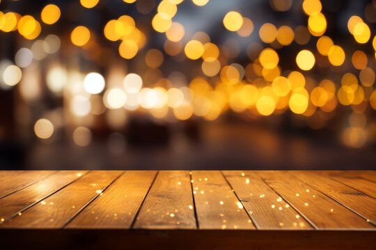 Empty wood table with blurred bokeh light background for product display or social media marketing
