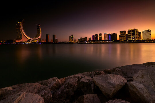 Sunset over Lusail Marina and cityscape Doha, Qatar
