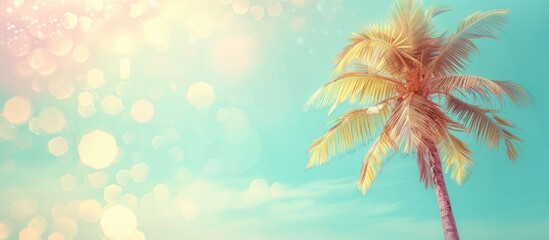 A single palm tree stands tall against the clear blue sky, embodying a minimalist summer beach scene with a pastel-toned blurry background. - Powered by Adobe