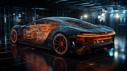 Futuristic sports car with glowing wheels in a neon-lit garage.