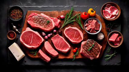 Sumptuous Symphony: A Captivating Culinary Canvas of Prime Beef Steaks and Luscious Raw Cuts on a Rustic, Dark Table - obrazy, fototapety, plakaty