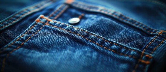 A detailed and focused view of a pair of blue jeans, showcasing the fabric texture, stitching, and overall design of the garment. - obrazy, fototapety, plakaty