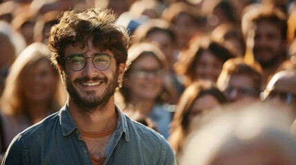 cheerful man standing apart from large crowd of people in outdoor gathering