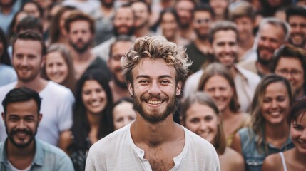 outdoor celebration man stands out from diverse audience of happy people