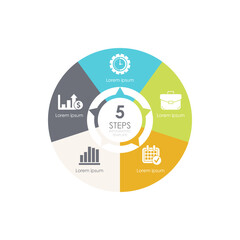 Circle infographic template for cycle diagram, graph, chart or web design. Business concept with 5 steps, options or processes. Isolated on white background.