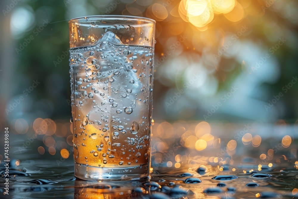 Poster a refreshing scene featuring a close-up of a glass with water droplets against a warm bokeh backgrou