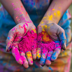 Manos sosteniendo pintura en polvo colorida en el festival Holi de la India