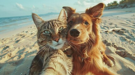 outdoor bonding cat and dog best friends snap selfie on sunny beach day