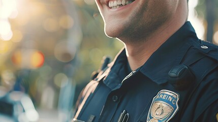 confident government authority standing as American police officer smiles - obrazy, fototapety, plakaty