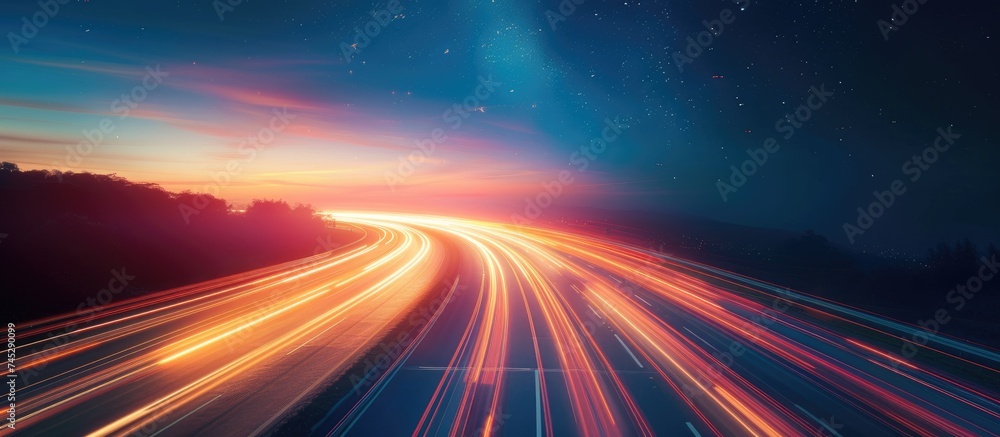 Poster experience the vibrant light trails left behind by cars speeding along a highway at night, creating 