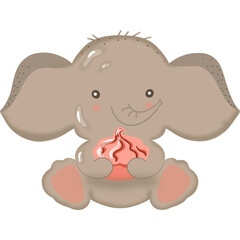 Cute cartoon baby elephant holding a pink marshmallow, white background, hand drawn illustration