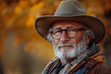 Elderly man with a hat and glasses giving a contemplative look against a backdrop of autumn leaves