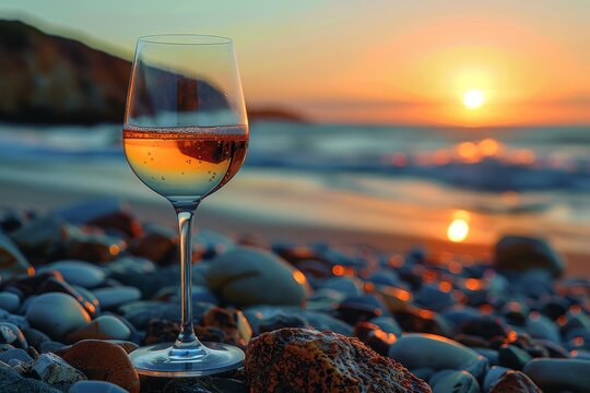 Elegant wine glass on a rocky beach with the sunset over ocean creating a romantic mood