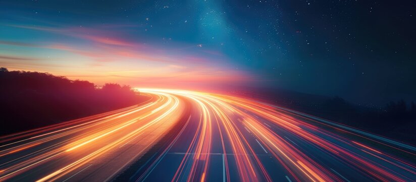 Experience the vibrant light trails left behind by cars speeding along a highway at night, creating a mesmerizing display of motion and energy. The long exposure captures the dynamic movement of