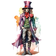 Watercolor portrait of the mad hatter. We are all mad here. Design for baby shower party, birthday,cake, greetings card, invitation. Watercolor illustration of an old rusty elements. Decorative print.