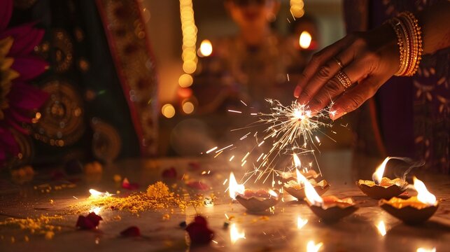 closeup of an indian family enjoying diwali festival with crackers and lights, a joyful moment of togetherness