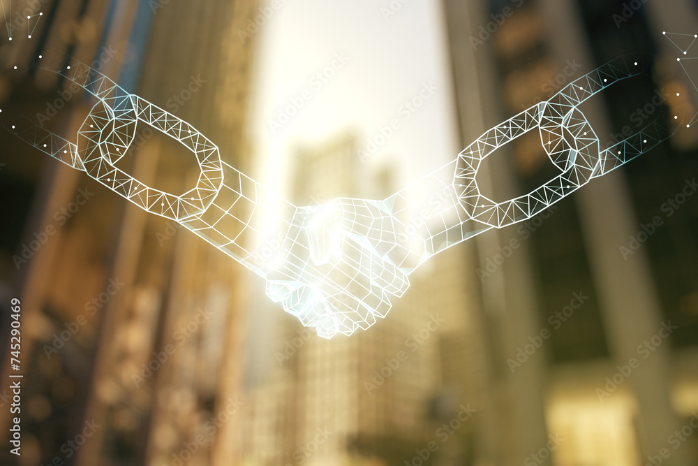 Poster abstract virtual blockchain technology hologram with handshake on office buildings background. digit