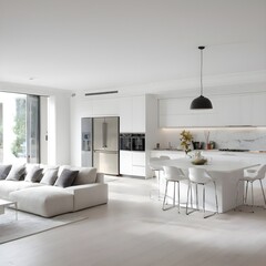Luxurious interior design living room and white kitchen. Open plan interior.