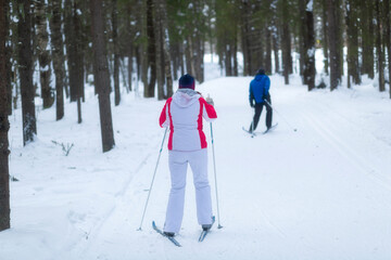 People ski in winter on a ski track through a winter forest.Cross Country skiing.