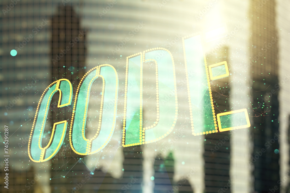 Poster code word hologram on blurry cityscape background, artificial intelligence and neural networks conce