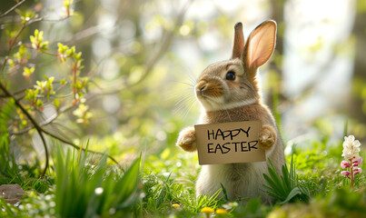 gappy easter bunny in the spring meadow with a sign for happy easter - 745291226