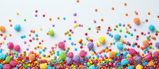A cluster of colorful sprinkles fills the frame against a pure white background, creating a striking contrast. The sprinkles are diverse in color and size, creating a burst of vibrancy.