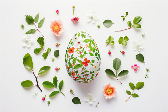 Creative Easter layout with flowers and leaves on white paper background. Spring nature Easter holiday minimal concept. Egg shape flat lay