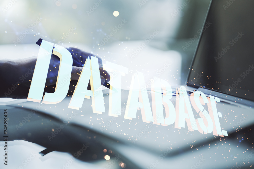 Poster double exposure of creative database word hologram and hand writing in diary on background with lapt