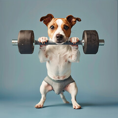 strong dog in red shorts doing sport exercise with dumbbell on grey background - 745291469