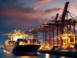 Fototapeta premium Industrial Harbor at Twilight: Logistics and Commerce