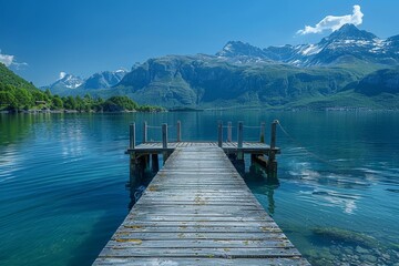 Naklejka premium Peaceful mountain and lake scenery seen from an old wooden dock, clear blue sky reflects on calm water
