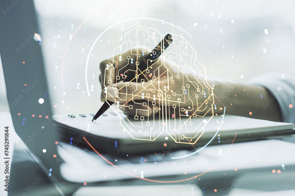 Poster creative artificial intelligence concept with human brain sketch and hand writing in diary on backgr