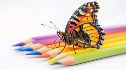 beautiful spring butterfly on colored school pencils, colored pencils for drawing on a white background