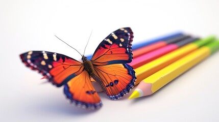 beautiful spring butterfly on colored school pencils, colored pencils for drawing on a white background