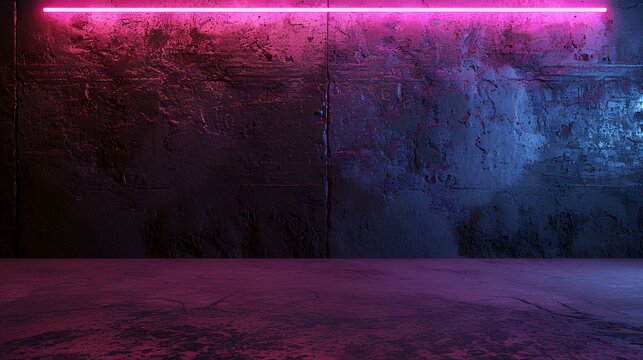 Pink neon light in dark room with concrete floor and concrete wall.