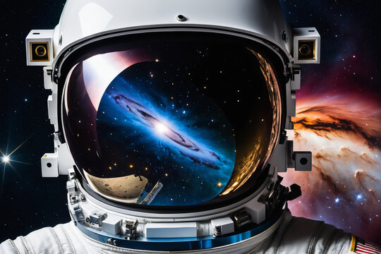 A close-up of an astronaut's helmet visor, reflecting a nebula in the cosmos