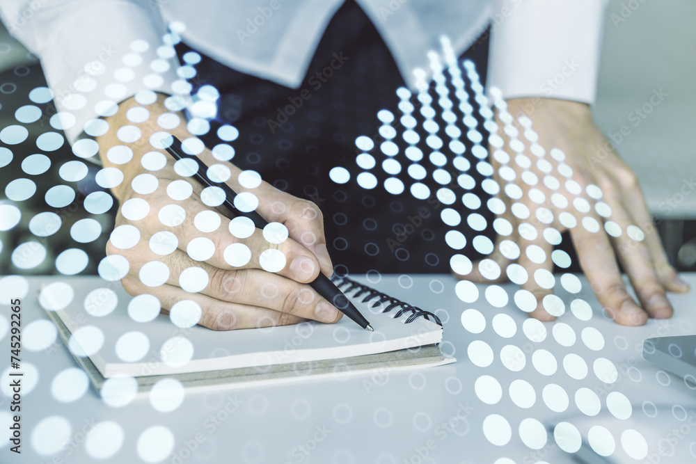 Poster double exposure of creative abstract upward arrows hologram and hand writing in notebook on backgrou