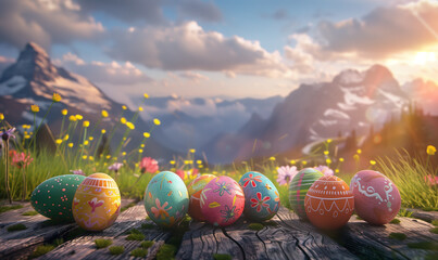 beautiful colorful easter eggs in spring on nature - 745292235