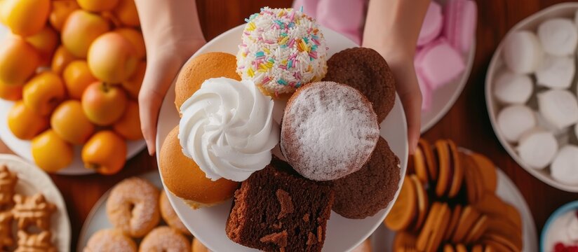 A persons hands are holding a white plate filled with an assortment of pastries, including croissants, muffins, and danishes. The pastries look freshly baked and tempting, with a high sugar content
