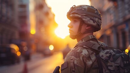 Silhouetted soldier in urban sunset, candid military portrait. reflective moment, cityscape background. AI