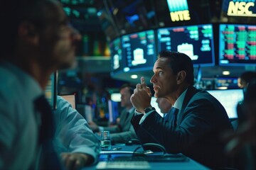 Fototapeta premium Professional Stock Traders Analyzing Market Data on Screens in a Trading Room