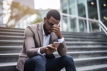 Stressed african american businessman sitting on steps, head in hand, looking at phone, troubled expression - obrazy, fototapety, plakaty