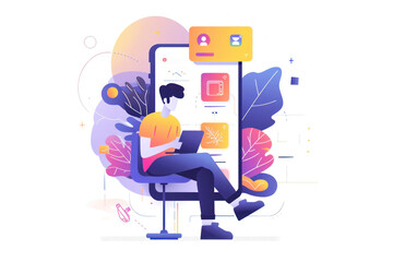 Digital illustration of man managing digital notifications on laptop and smartphone.