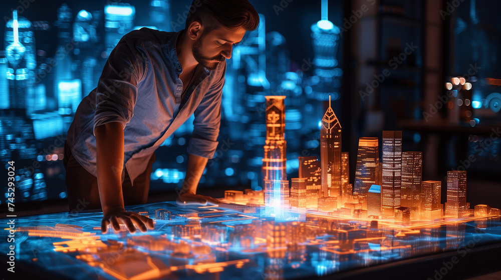 Poster Technological architecture: architect utilize holographic technology to view digital building model