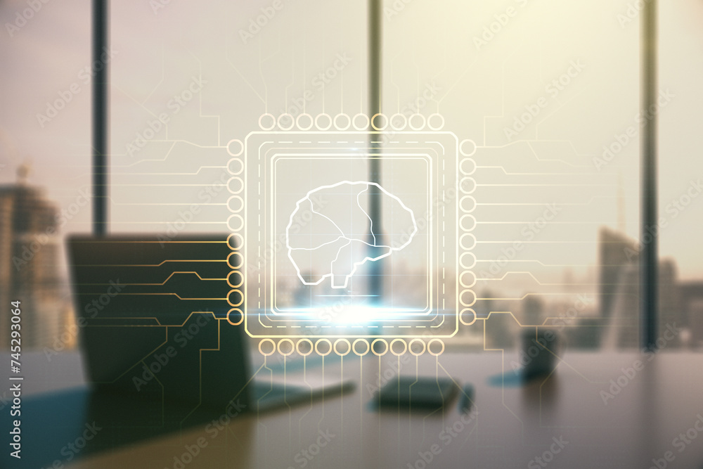 Poster creative artificial intelligence concept with human brain sketch and modern desktop with pc on backg
